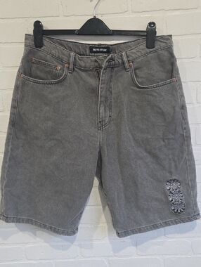 F*cking Awrsome Gray Washed Denim Shorts with Embroidered Detail-Damaged
